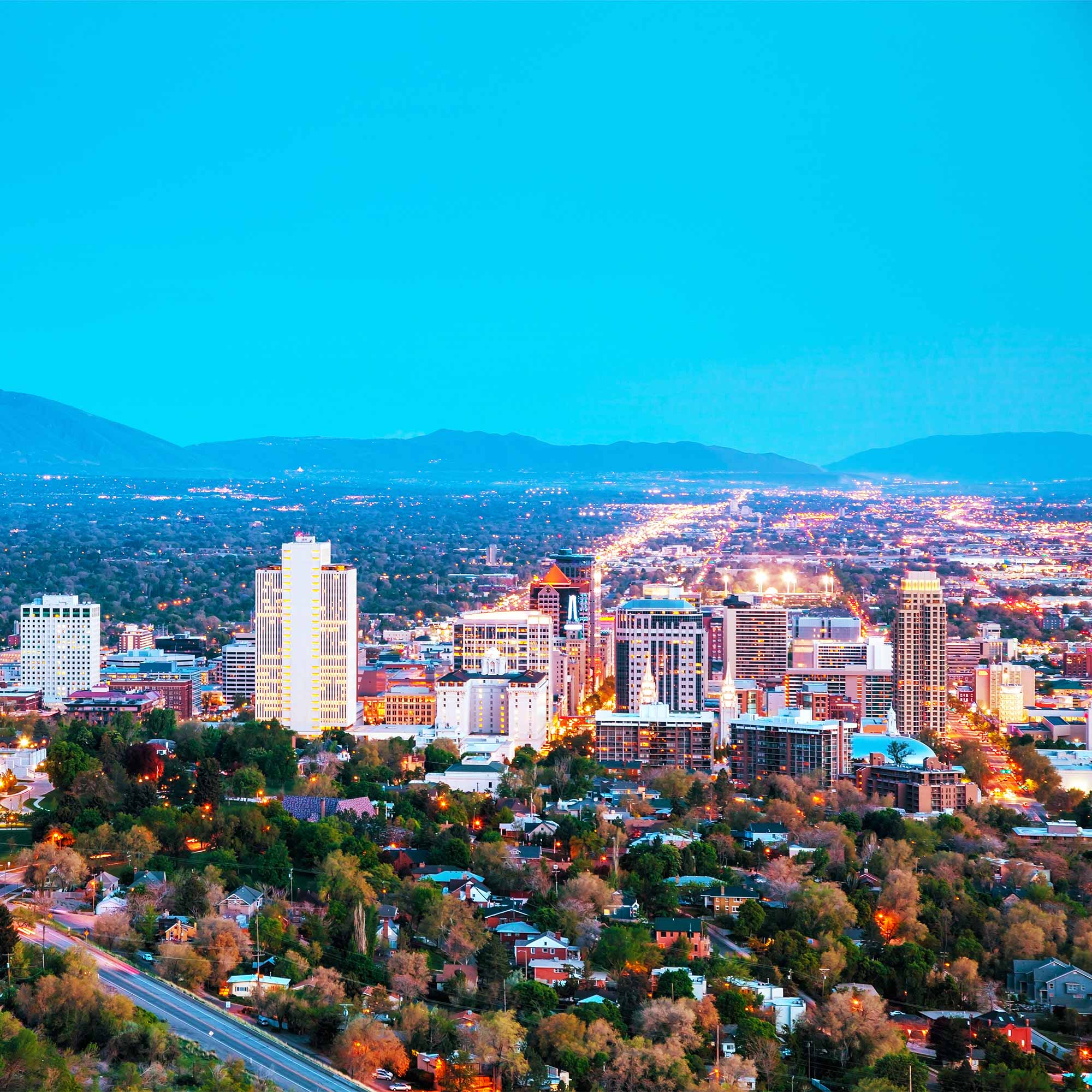 a city with many buildings and trees