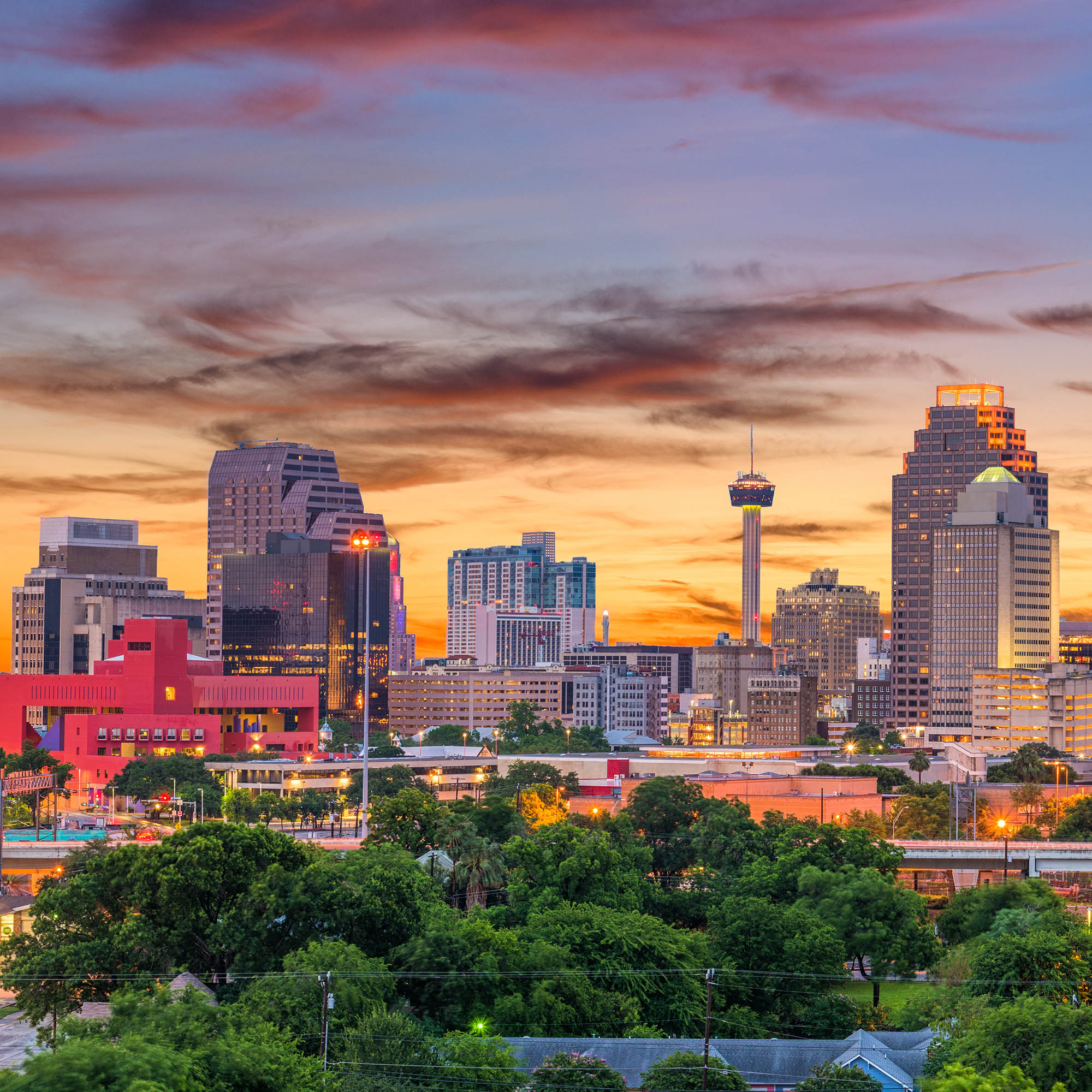 a city skyline with trees and buildings