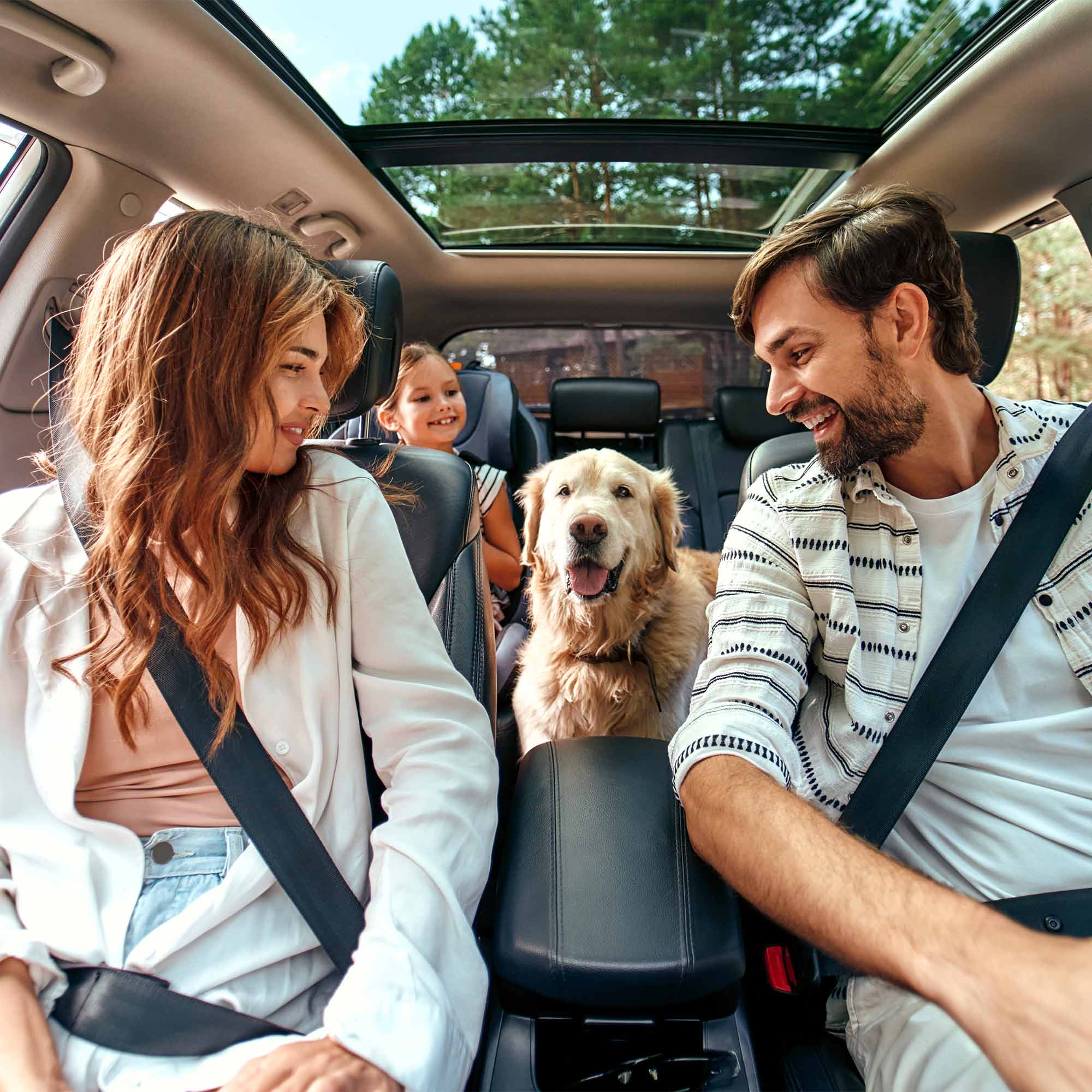 a man and woman in a car with a dog