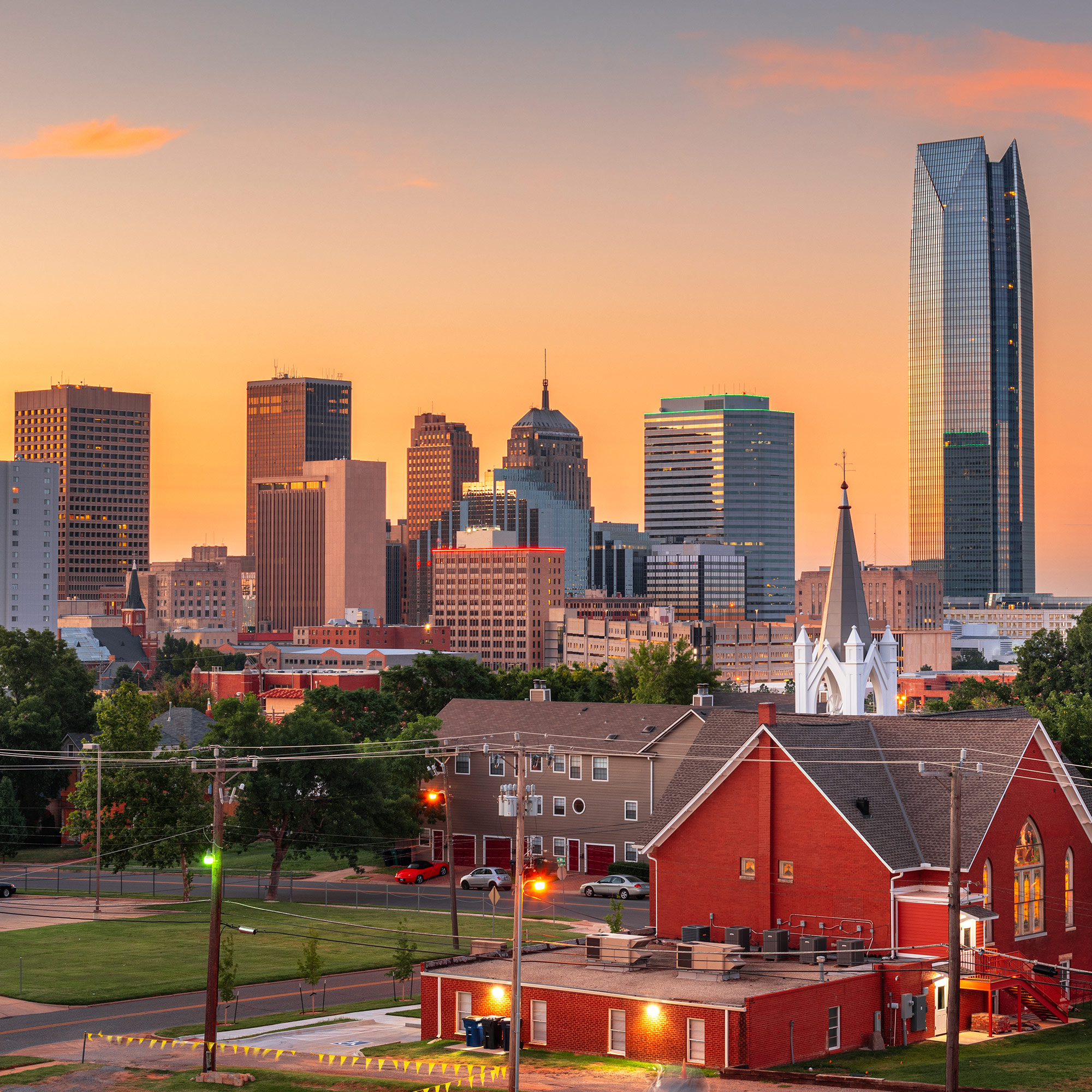 a city skyline with a church and a church